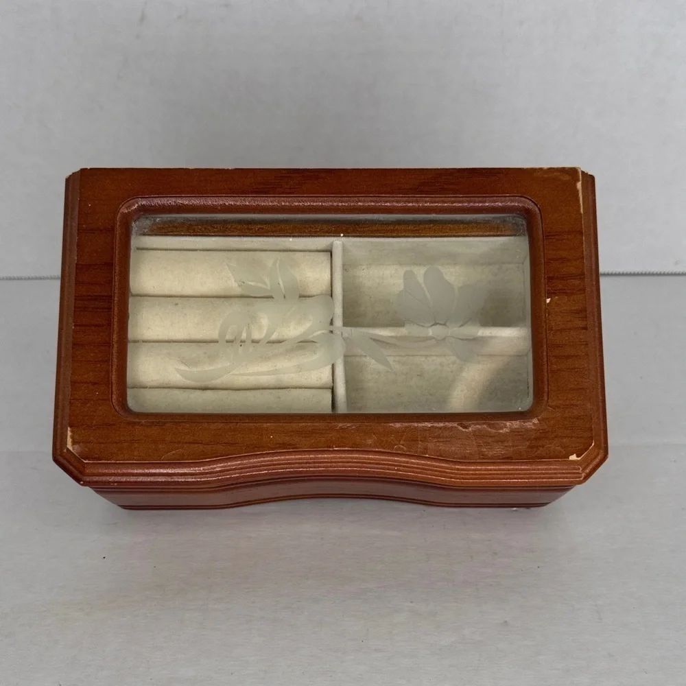 Vintage Linden Wooden Jewelry/Trinket Box with Etched Glass Flowers & Hinged Lid